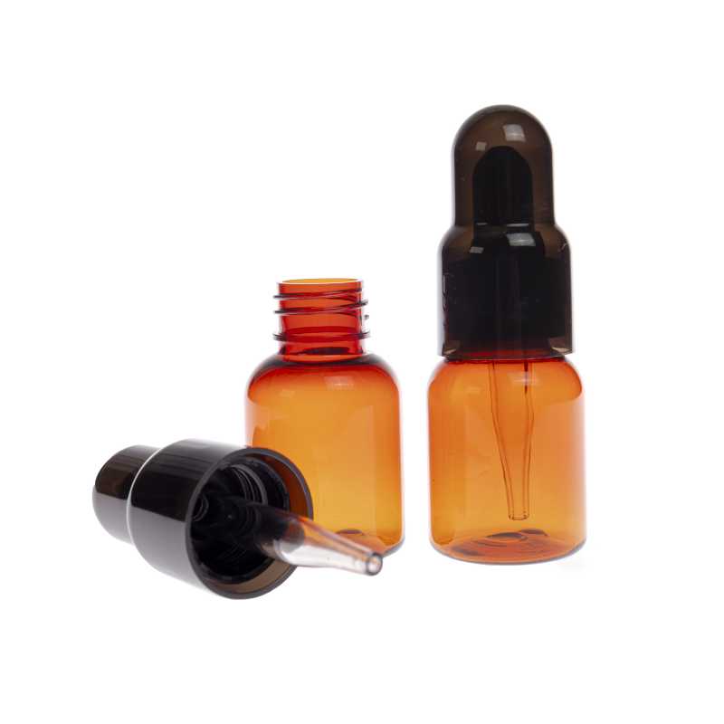 Bouteille PET en plastique ambrée avec compte-gouttes et capsule noire, 25 ml