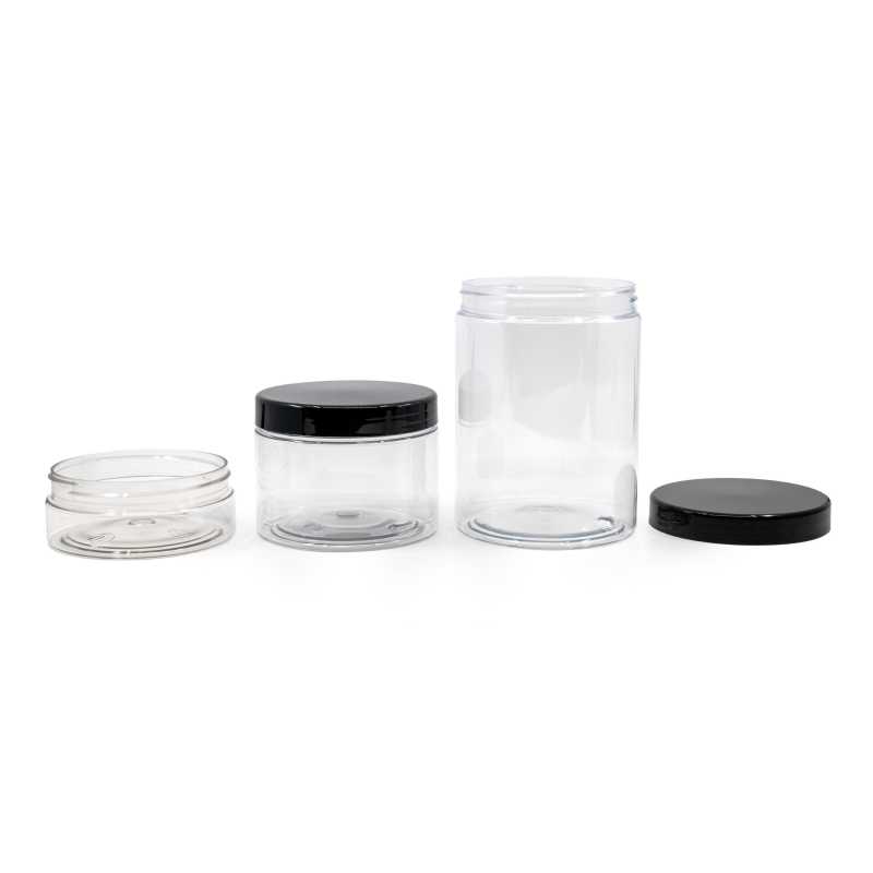 Pot en plastique transparent, couvercle noir, 200 ml