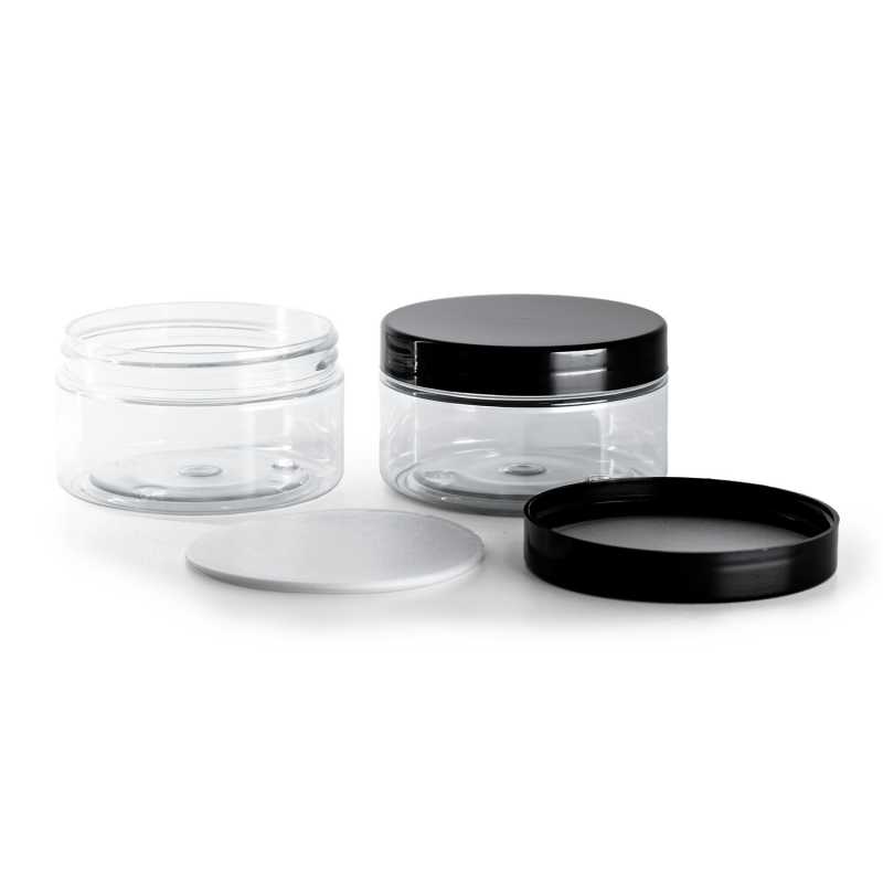 Bocal en plastique transparent, couvercle en plastique noir avec doublure à induction, 100 ml