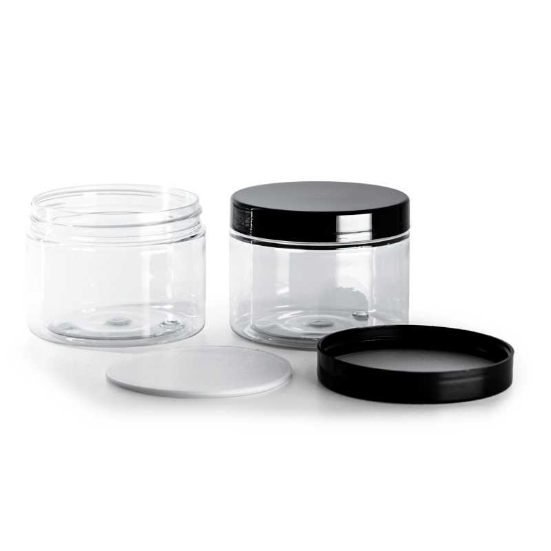 Bocal en plastique transparent, couvercle en plastique noir avec doublure à induction, 150 ml