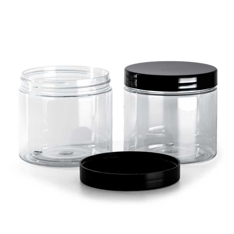 Bocal en plastique transparent, couvercle noir 200 ml