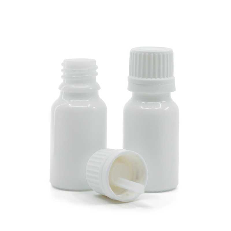 Flacon en verre blanc, bouchon blanc inviolable et compte-gouttes, 10 ml