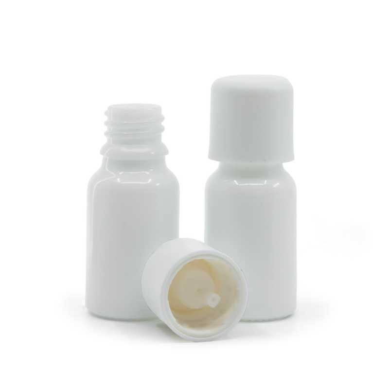 Flacon en verre blanc, bouchon de sécurité blanc et compte-gouttes, 10 ml