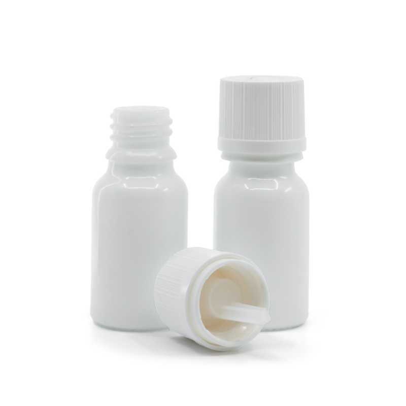 Flacon en verre blanc, bouchon de sécurité blanc inviolable et compte-gouttes, 10 ml