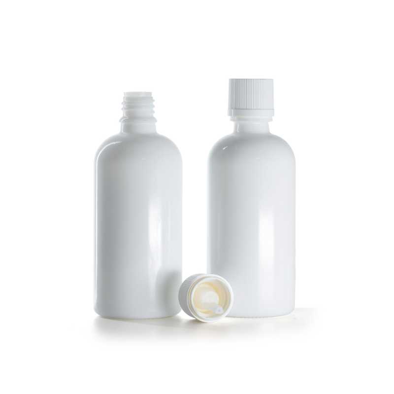 Flacon en verre blanc, bouchon de sécurité blanc inviolable et compte-gouttes, 100 ml  