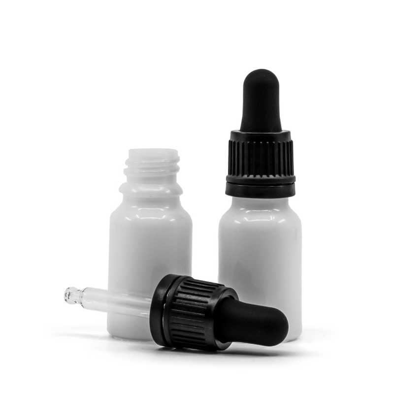 Flacon en verre blanc, compte-gouttes noir, 10 ml