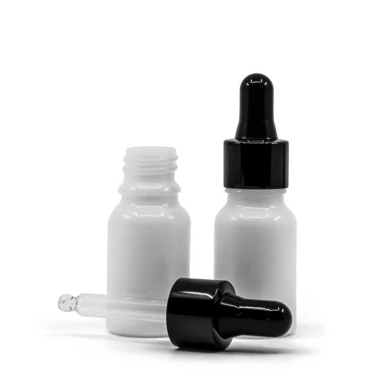 Flacon en verre blanc, compte-gouttes noir brillant, 10 ml