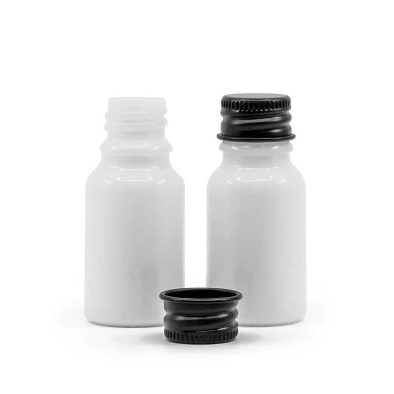 Flacon en verre blanc, bouchon en aluminium noir, 10 ml