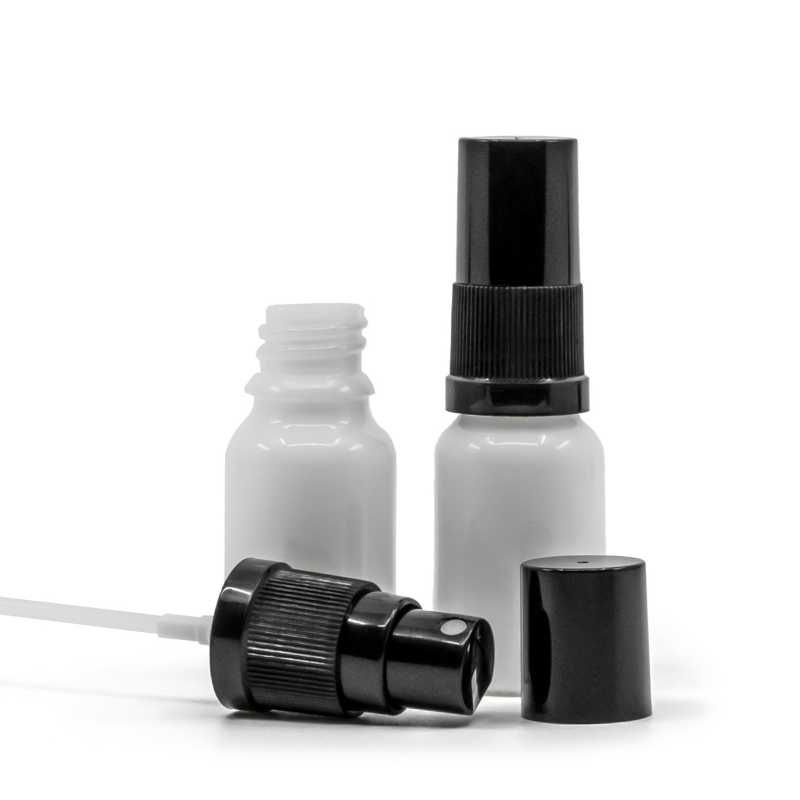 Flacon en verre blanc, vaporisateur noir, bouchon noir, 10 ml