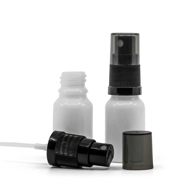 Flacon en verre blanc, spray brume fine noir, surcapuchon fumé, 10 ml