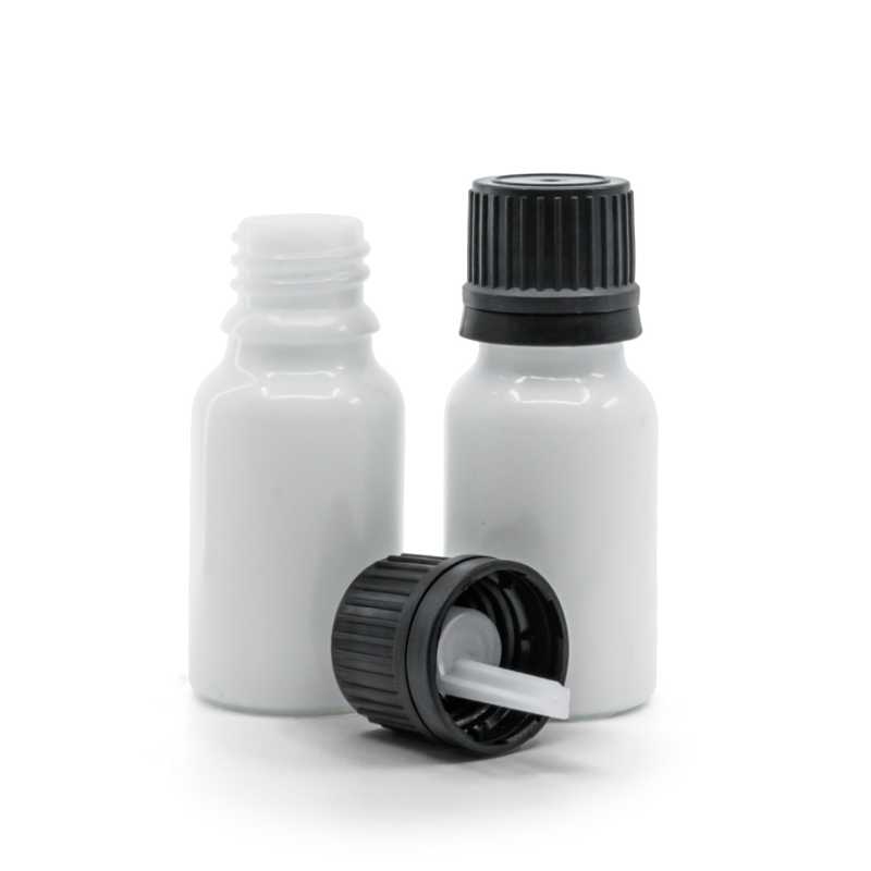 Flacon en verre blanc, bouchon noir et compte-gouttes 10 ml