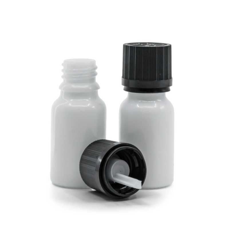 Flacon en verre blanc, bouchon de sécurité noir et compte-gouttes 10 ml