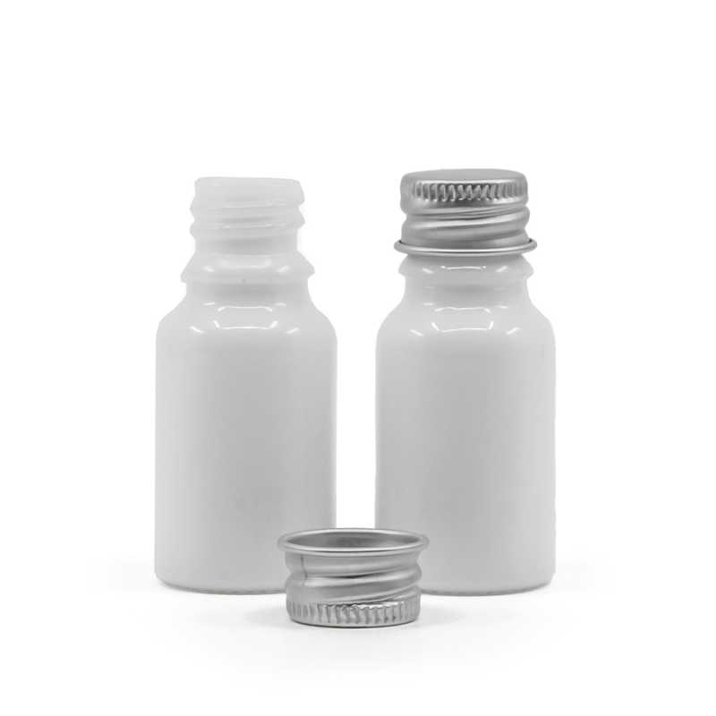 Flacon en verre blanc, bouchon en aluminium argenté, 10 ml