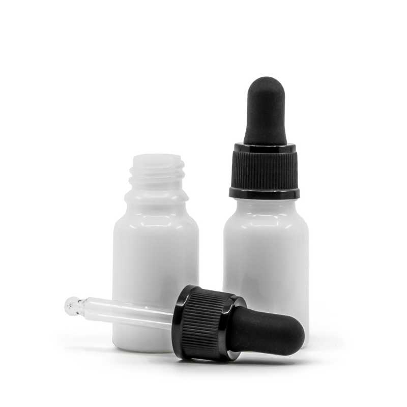 Flacon en verre blanc, compte-gouttes noir mat, 10 ml