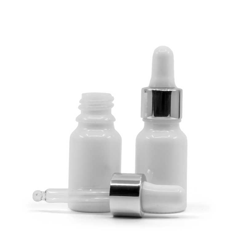 Flacon en verre blanc, compte-gouttes blanc argenté brillant, 10 ml