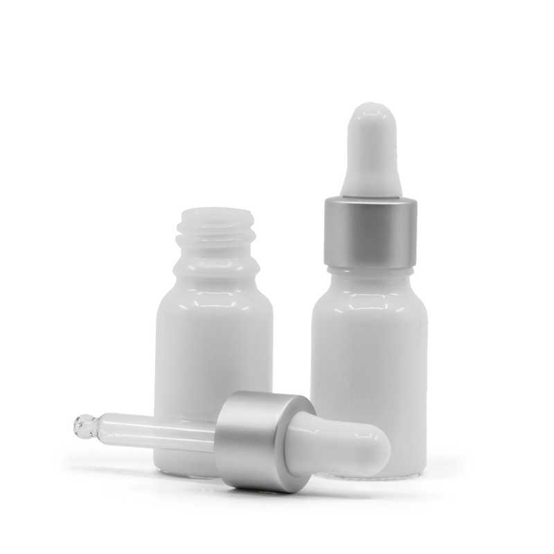 Flacon en verre blanc, compte-gouttes blanc argent mat, 10 ml