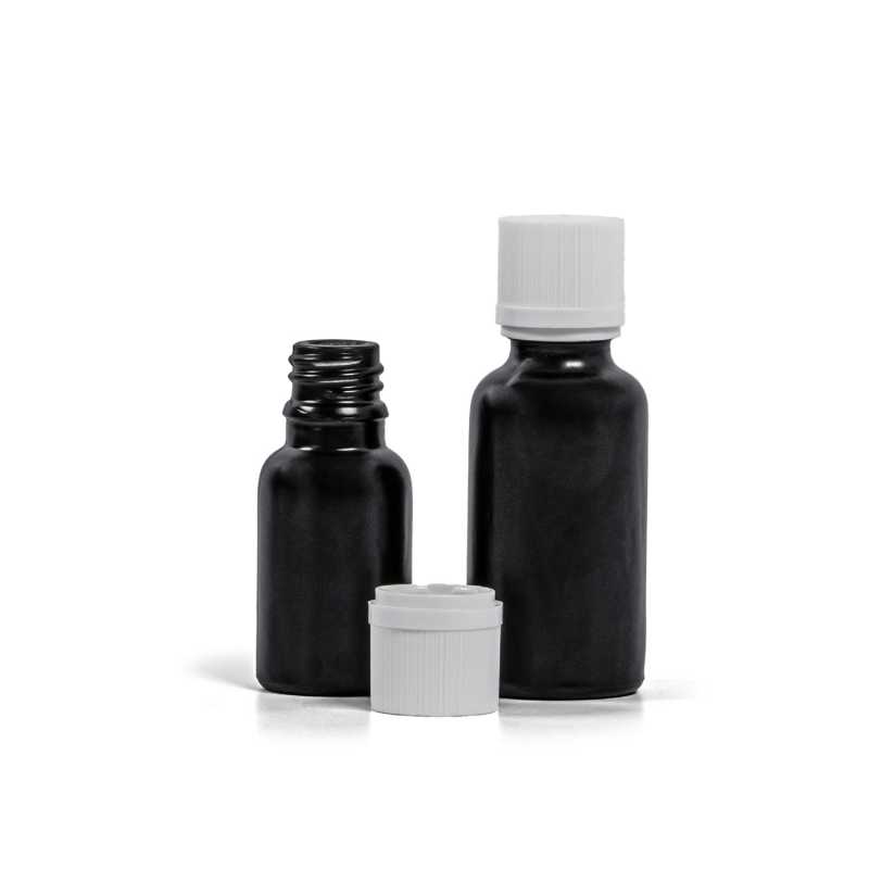 Flacon en verre noir mat, bouchon de sécurité blanc inviolable et compte-gouttes, 15 ml