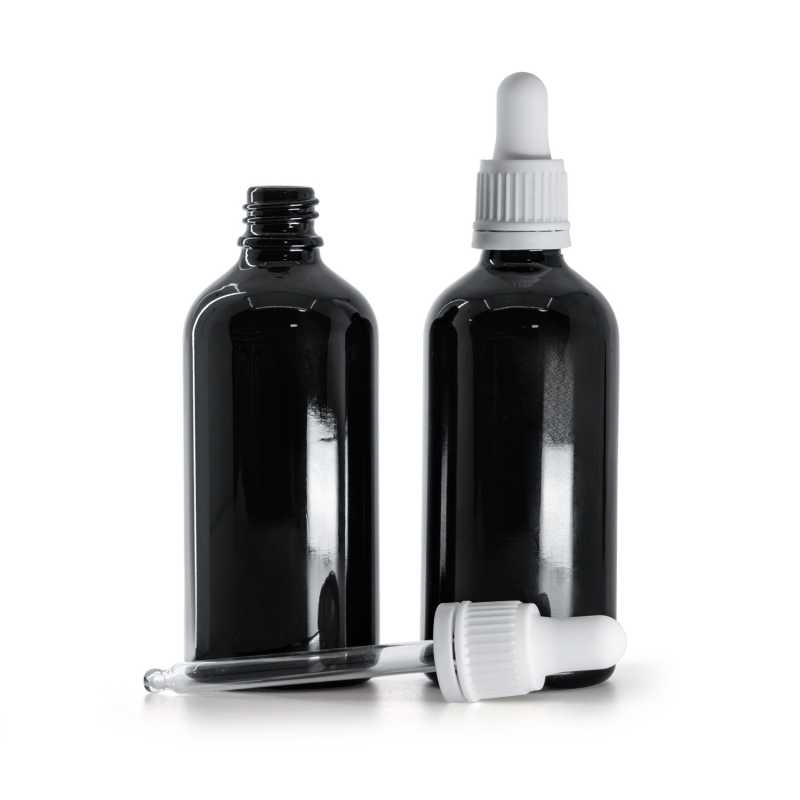Flacon en verre noir brillant, compte-gouttes blanc inviolable, 100 ml
