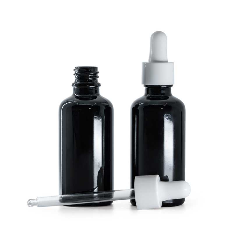 Flacon en verre noir brillant, compte-gouttes blanc brillant, 50 ml