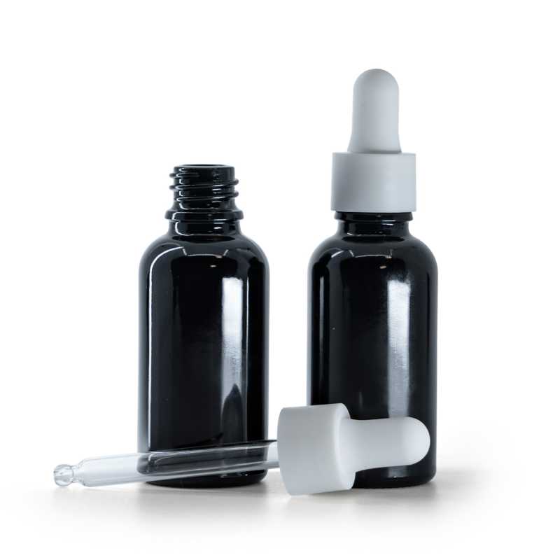 Flacon en verre noir brillant, compte-gouttes blanc mat, 30 ml