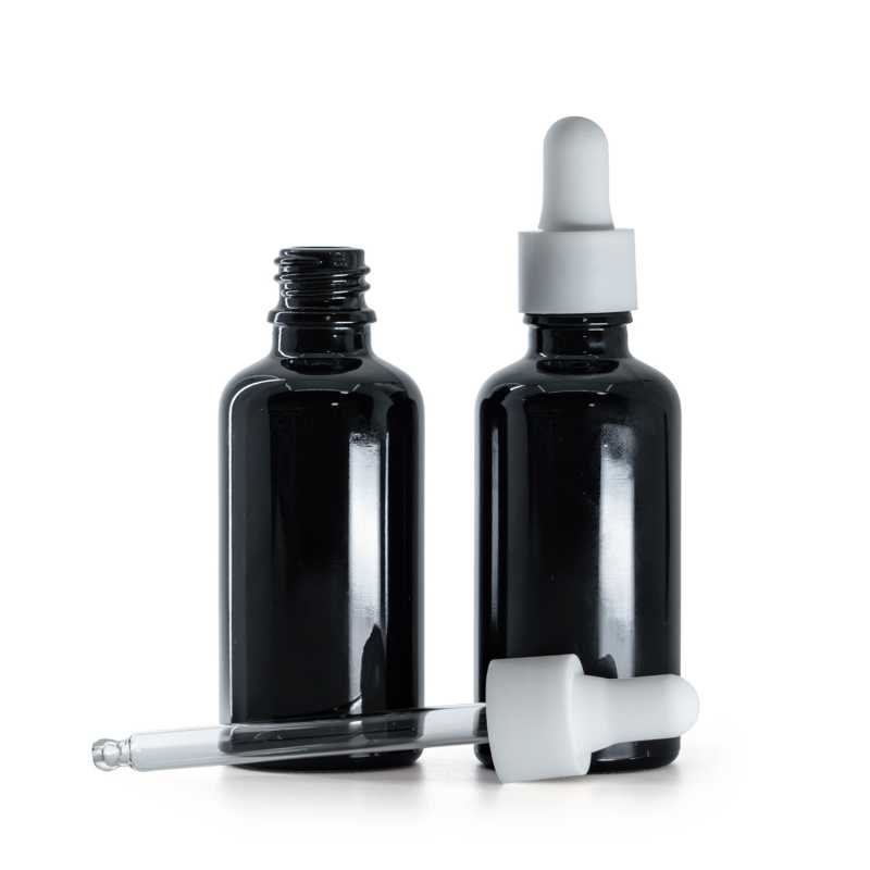 Flacon en verre noir brillant, compte-gouttes blanc lisse et mat, 50 ml