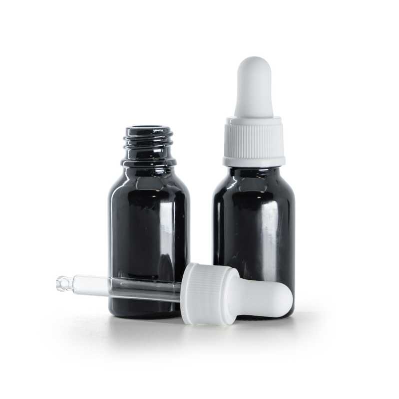 Flacon en verre noir brillant, compte-gouttes blanc mat, 15 ml