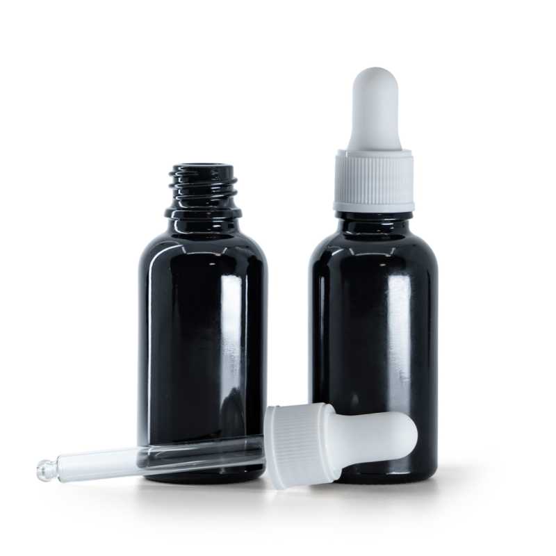 Flacon en verre noir brillant, compte-gouttes blanc mat, 30 ml