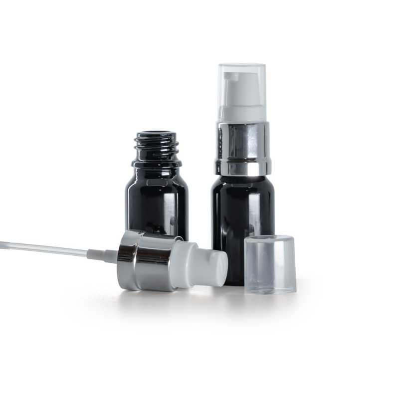  Flacon en verre noir brillant, pompe blanche argentée brillante, 10 ml