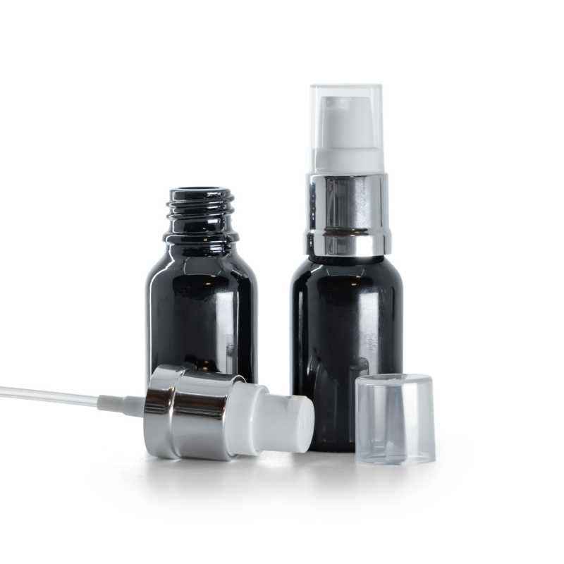  Flacon en verre noir brillant, pompe blanche argentée brillante, 15 ml