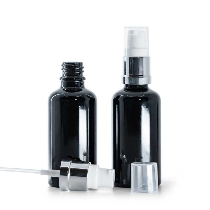  Flacon en verre noir brillant, pompe blanche argentée brillante, 50 ml