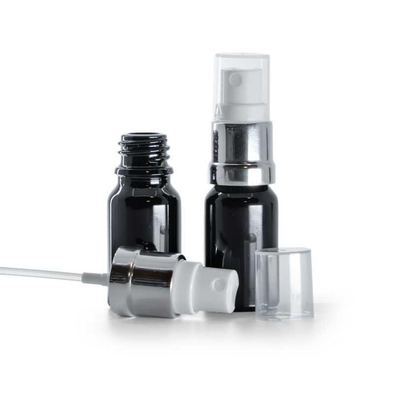 Flacon en verre noir brillant, spray blanc argenté brillant, 10 ml