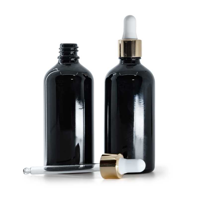 Flacon en verre noir brillant, compte-gouttes blanc doré, 100 ml