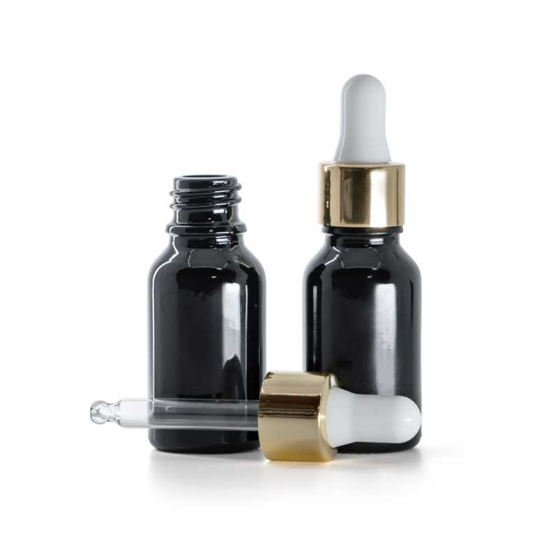 Flacon en verre noir brillant, compte-gouttes blanc doré, 15 ml