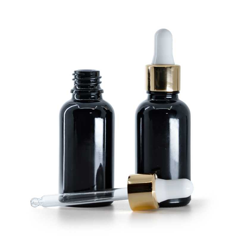 Flacon en verre noir brillant, compte-gouttes blanc doré, 30 ml
