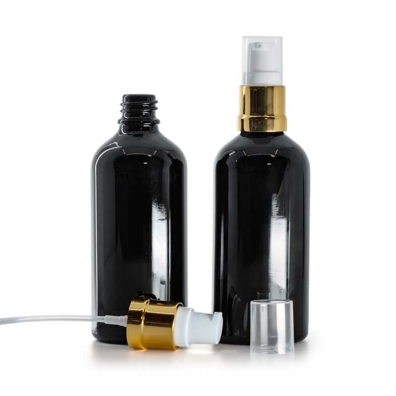  Flacon en verre noir brillant, pompe blanche dorée brillante, 100 ml