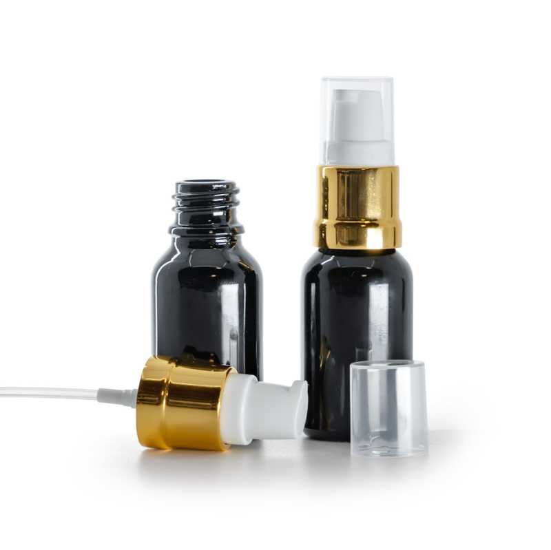  Flacon en verre noir brillant, pompe blanche dorée brillante, 15 ml