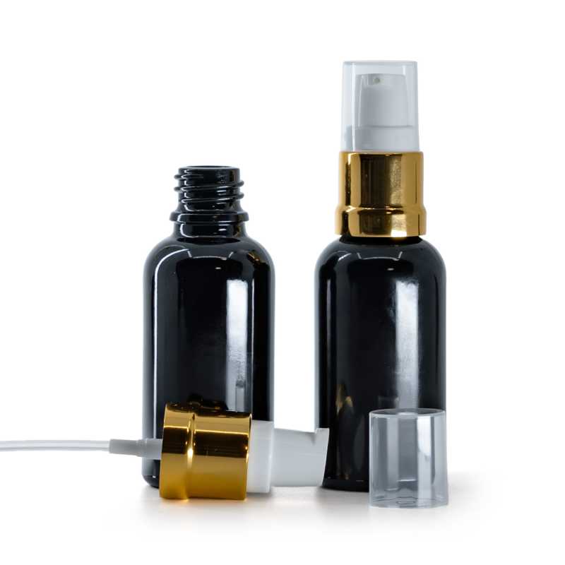  Flacon en verre noir brillant, pompe blanche dorée brillante, 30 ml