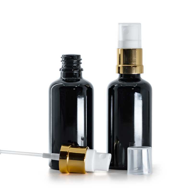 Flacon en verre noir brillant, spray blanc or brillant, 50 ml