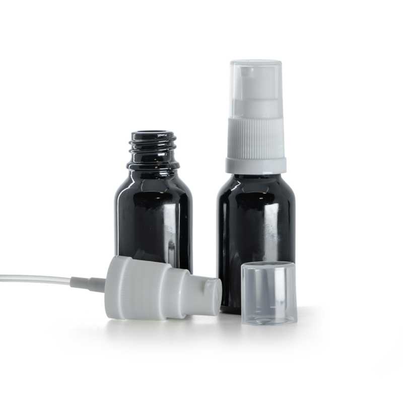  Flacon en verre noir brillant, pompe à lotion blanche, 15 ml