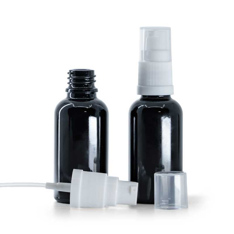 Flacon en verre noir brillant, pompe blanche, 30 ml