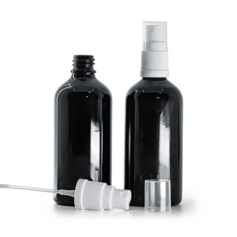 Flacon en verre noir brillant, spray blanc, 100 ml