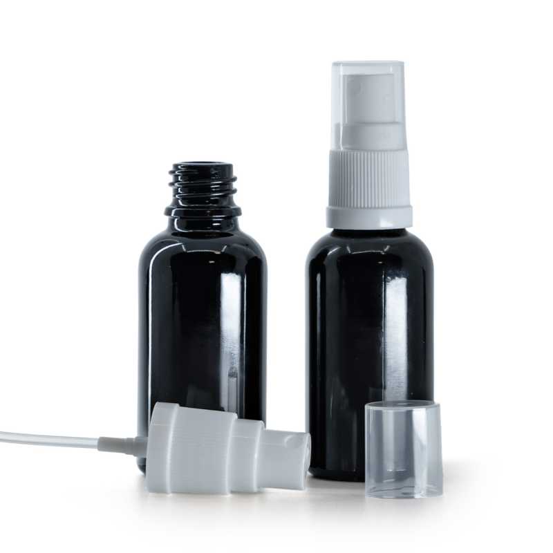 Flacon en verre noir brillant, spray blanc, 30 ml