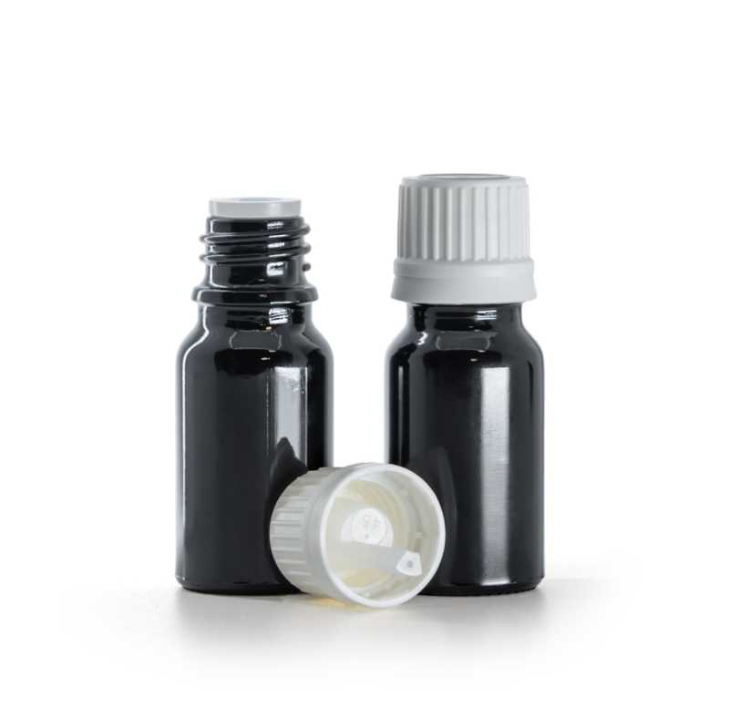 Flacon en verre noir brillant, bouchon blanc inviolable et compte-gouttes, 10 ml