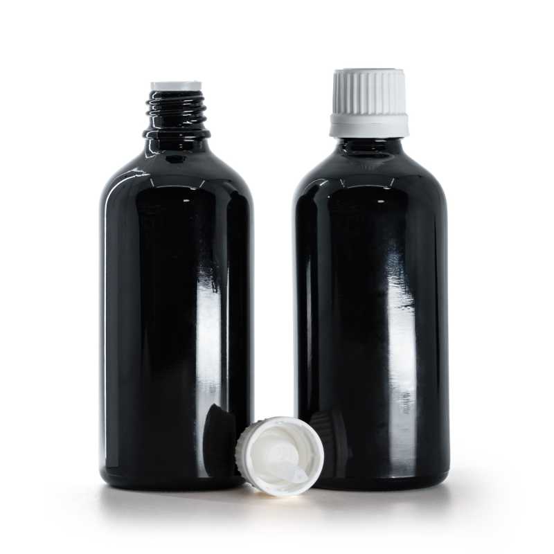 Flacon en verre noir brillant, bouchon blanc inviolable et compte-gouttes, 100 ml