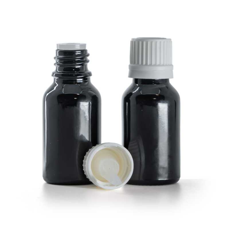 Flacon en verre noir brillant, bouchon blanc inviolable et compte-gouttes, 15 ml