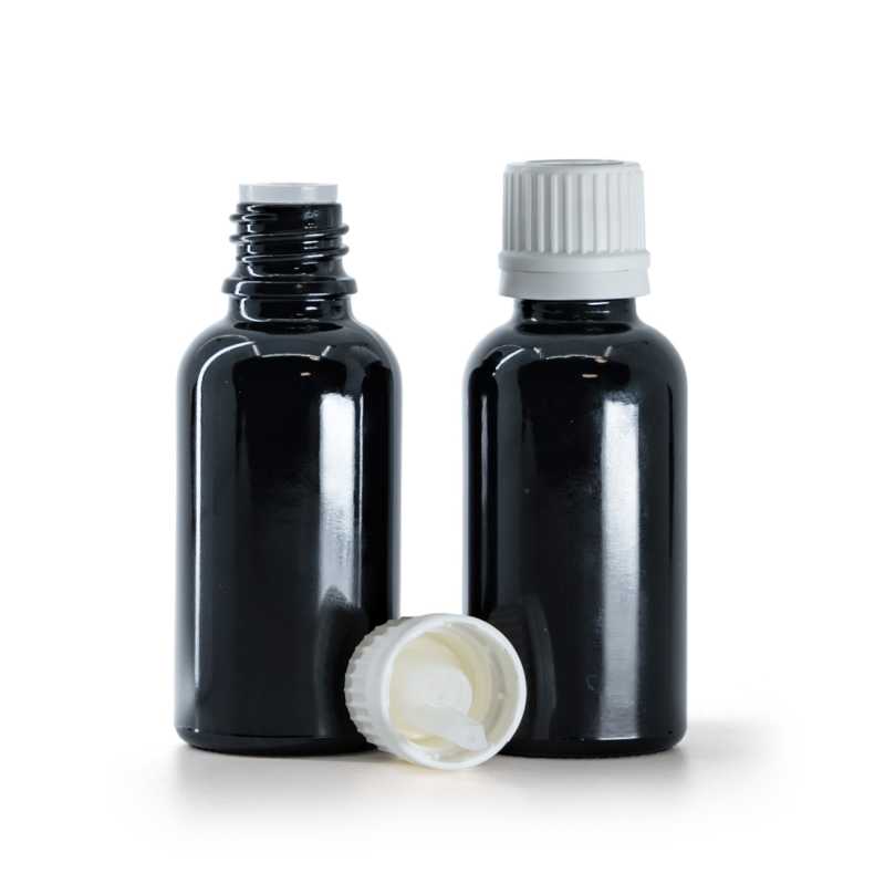 Flacon en verre noir brillant, bouchon blanc inviolable et compte-gouttes, 30 ml
