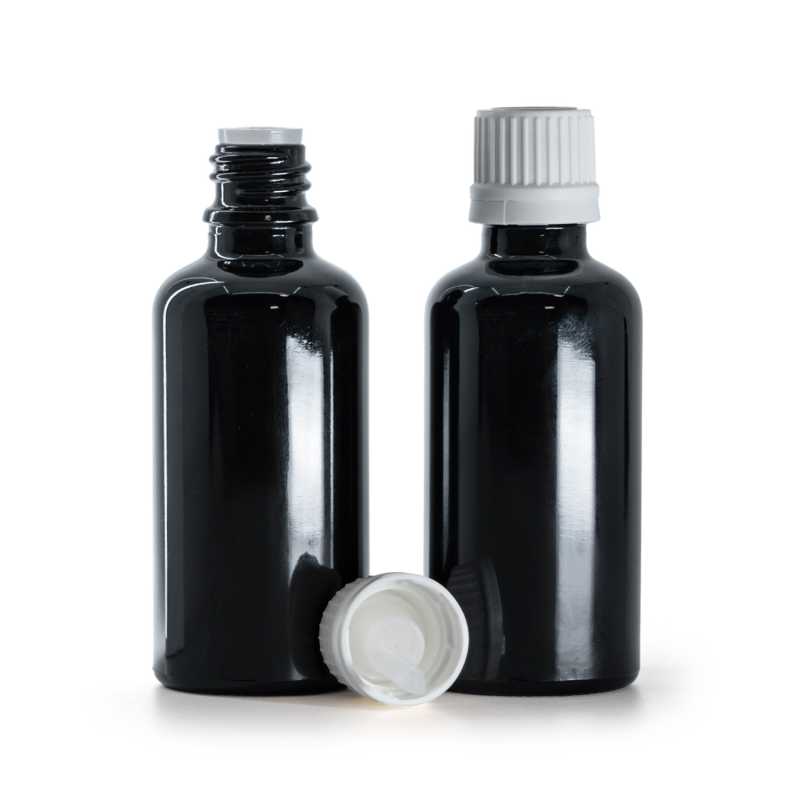 Flacon en verre noir brillant, bouchon blanc inviolable et compte-gouttes, 50 ml