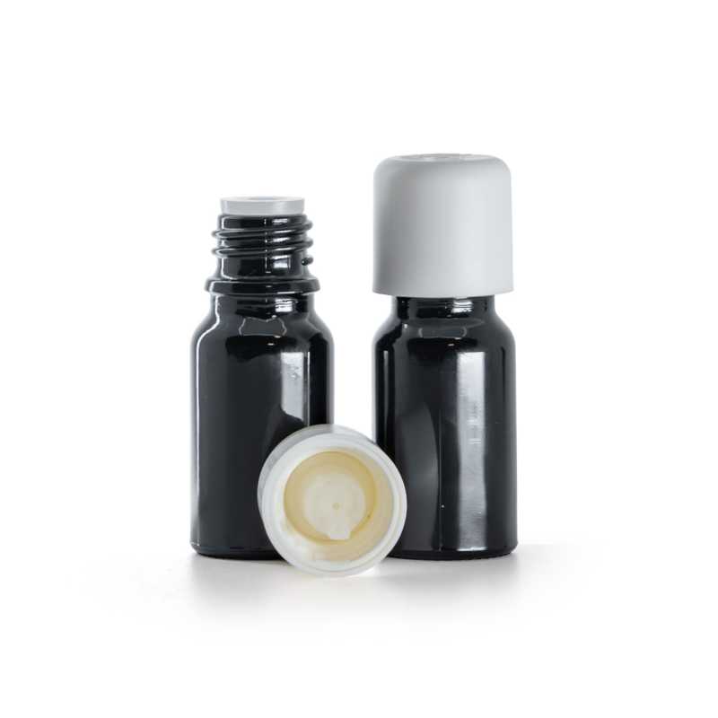 Flacon en verre noir brillant, bouchon de sécurité blanc et compte-gouttes, 10 ml