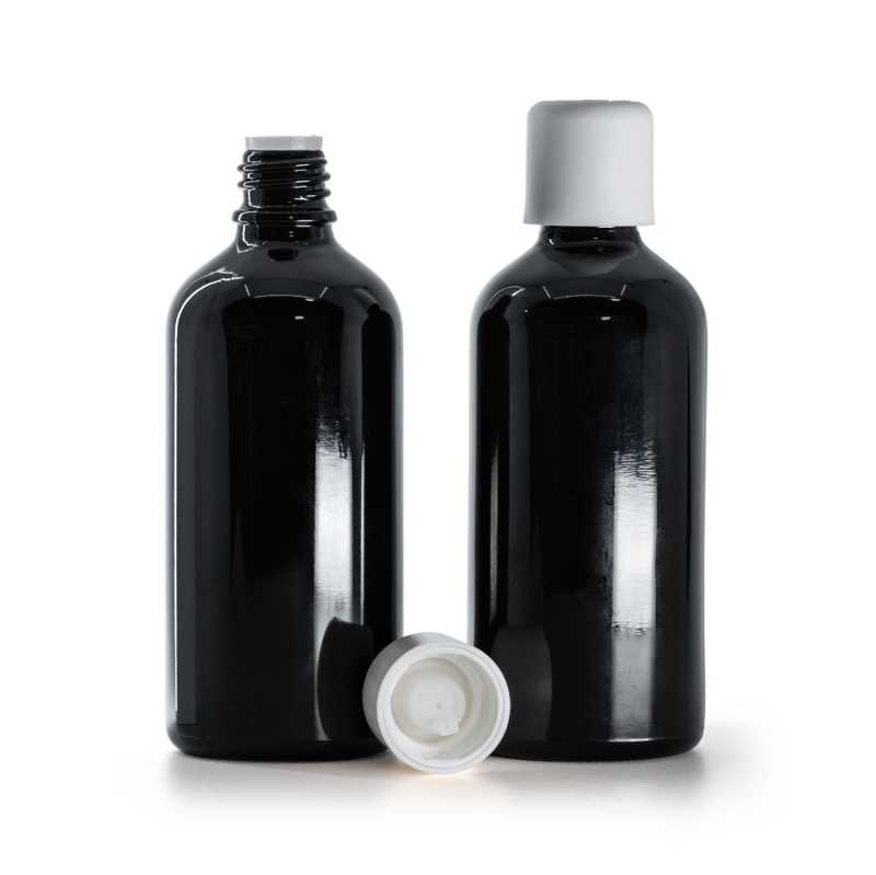 Flacon en verre noir brillant, bouchon de sécurité blanc et compte-gouttes, 100 ml