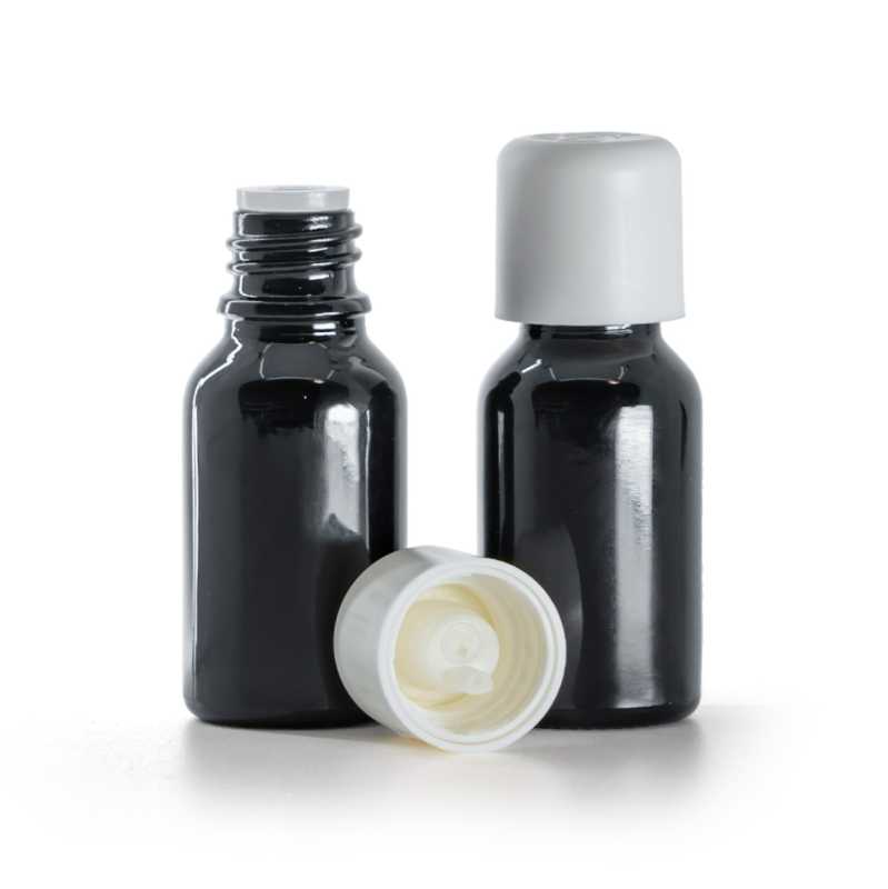 Flacon en verre noir brillant, bouchon de sécurité blanc et compte-gouttes, 15 ml
